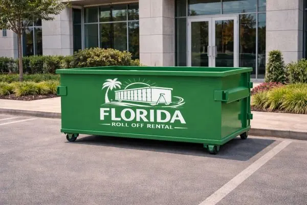 Green front-load dumpster in a parking space outside a glass-fronted office building