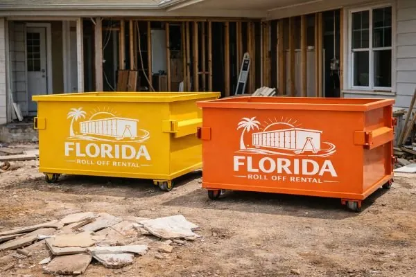 Yellow and orange dumpsters on a dirt job site with broken concrete pieces on the ground