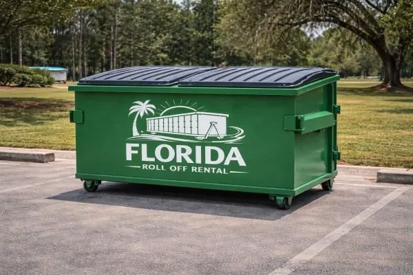 New green dumpster with a black plastic lid standing on an asphalt lot beside trees and grass