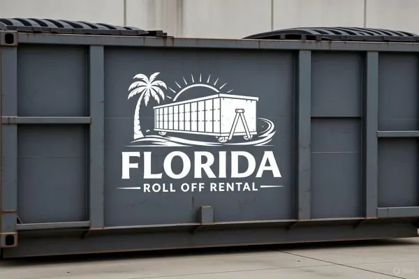 Gray roll-off container with a palm-tree logo parked on concrete