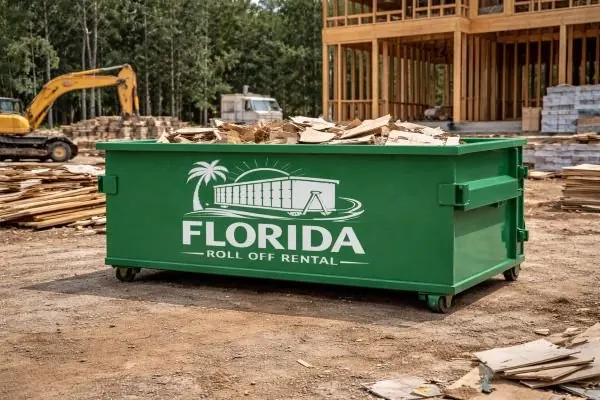 Green dumpster on a dirt lot beside a timber-framed building and an excavator