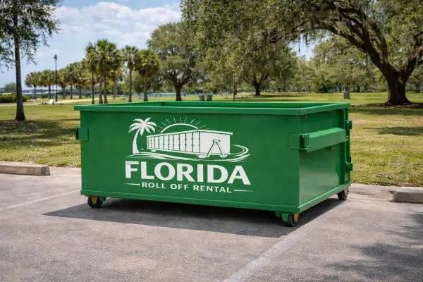 Green dumpster on pavement in a park with palm trees and live oaks behind it