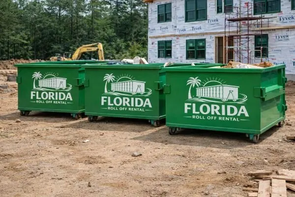 Three green dumpsters lined up on a cleared lot in front of a new apartment building under construction