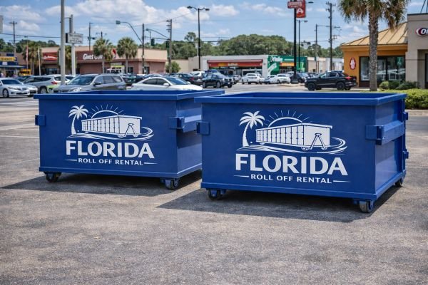 florida roll off rental blue dumpsters busy commercial area