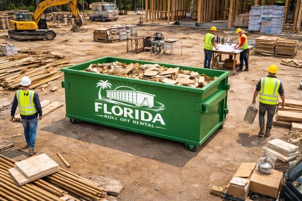 florida roll off rental green dumpster construction site drone workers