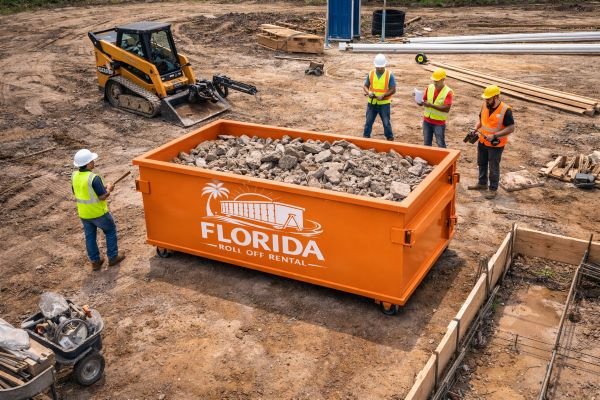 florida roll off rental orange dumpster job site drone shot