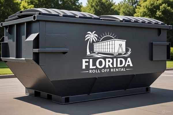 florida roll off rental truck fleet front of office drone shot